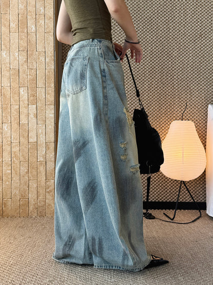 Women's Ripped Wide Leg Baggy Jeans High Waist Distressed Denim Pants Street Style Y2K Casual