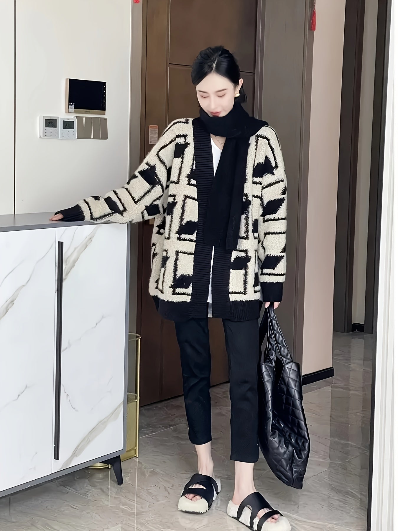 Two-tone Open Front Cardigan, Casual Long Sleeve Cardigan For Fall & Winter, Women's Clothing