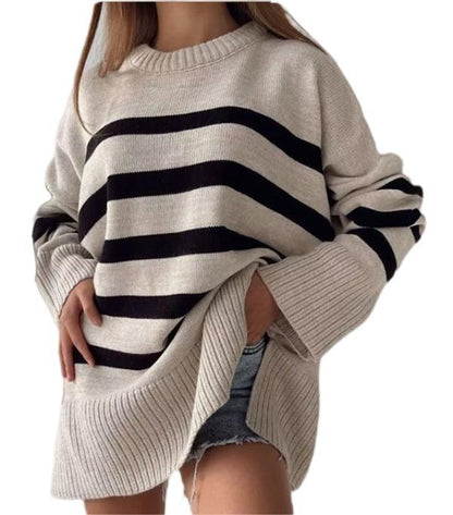 round Neck Contrast Color Knitted Striped Sweater Women 2024Autumn and Winter Women's Clothing  Pullover Loose