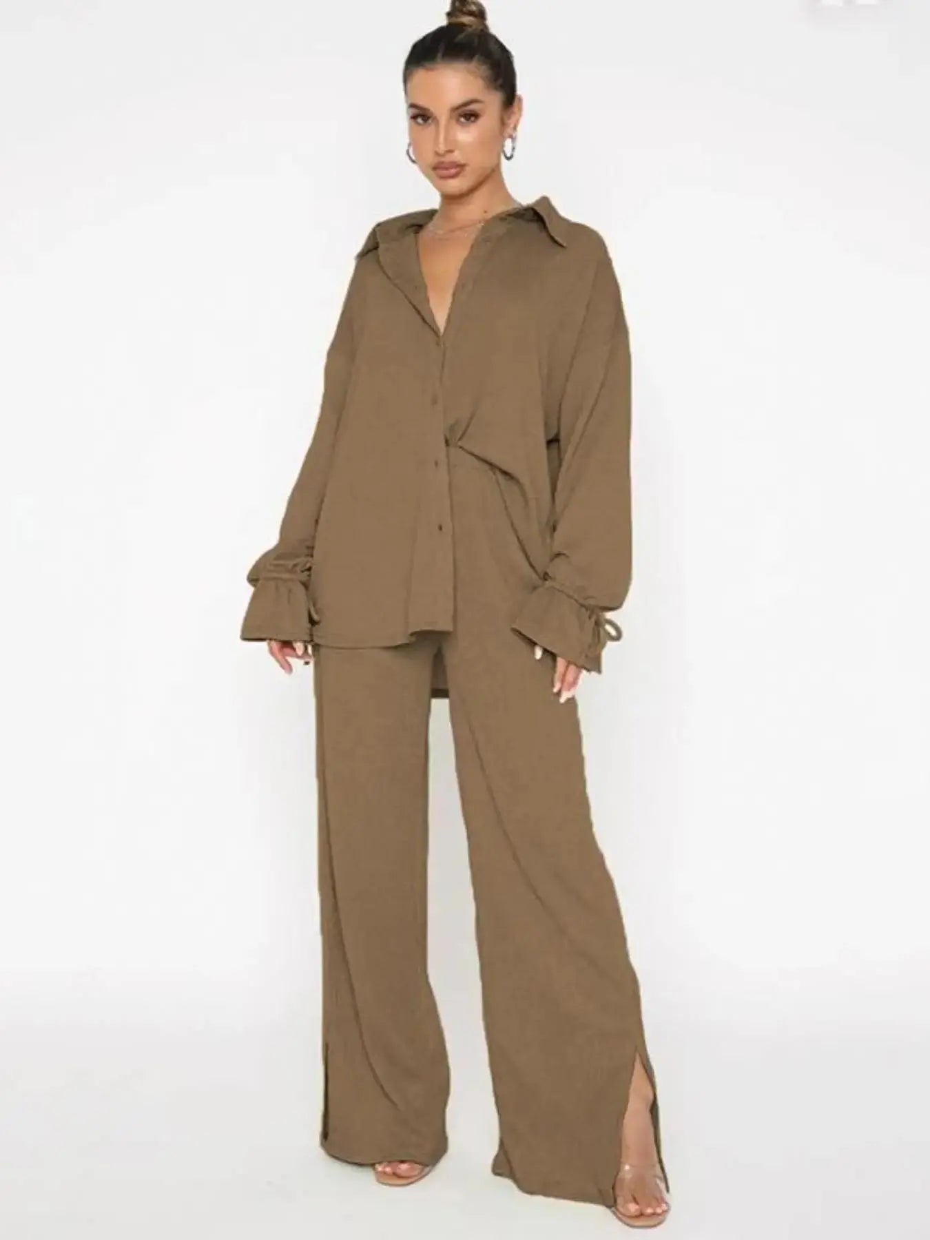 Women's  Plain Button Front Pants 2 Piece Sets, Back To School Outfits, Casual Basic Breathable Comfortable Soft Drawstring Longsleeves Cuff Blouse & Split Wide Leg Pants, Fall Clothing for Women Fall Daily Wear, Two Piece Set Women, Suits - Seldom Seen Styles