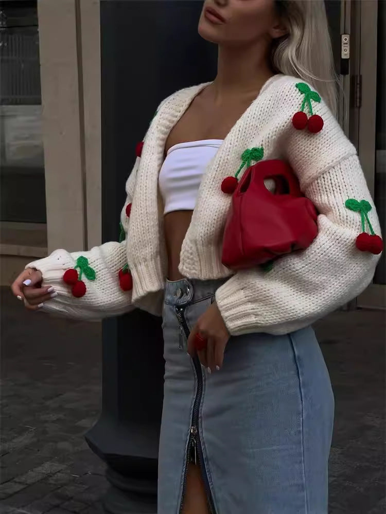 Cherry Ornaments Knitted Cardigan Europe and America Cross Border Long Sleeve Knitwear Casual 2024 Autumn and Winter Sweater Cardigan Coat