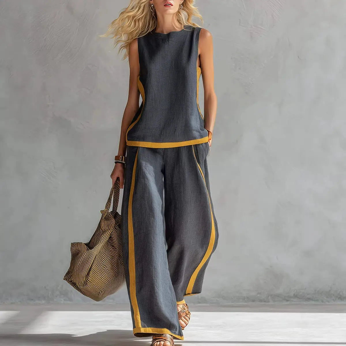 2026  Blend Two Piece Set for Women Sleeveless Color Block Top Wide Leg Pants Set Casual Summer Outfit # Set # WideLegPants # ColorBlock # SummerOutfit # BohoFashion # CasualWear # Outfit of the Day # WomensFashion