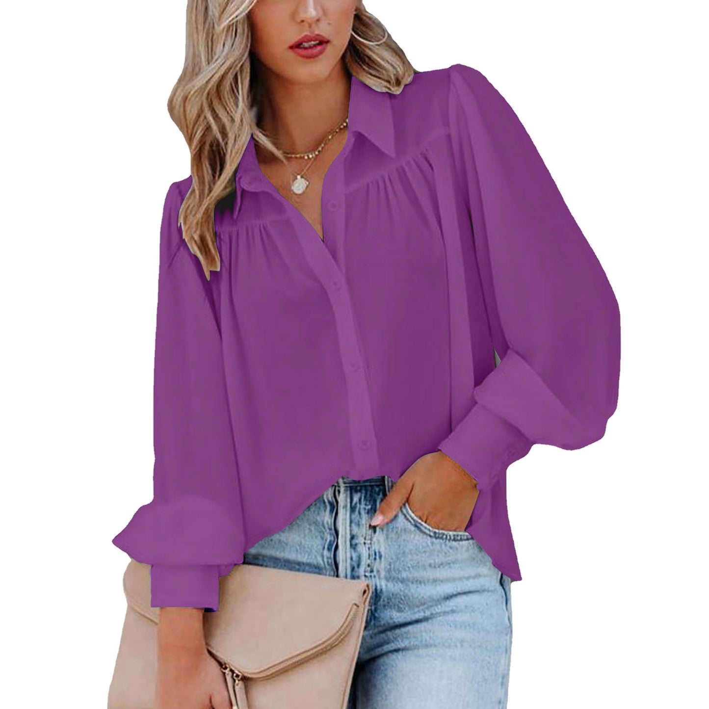 2024Cross-Border wish Amazon Button Top Lantern Sleeve Pleated Solid Color Stand Collar Loose Shirt Long Sleeve Women's Clothing