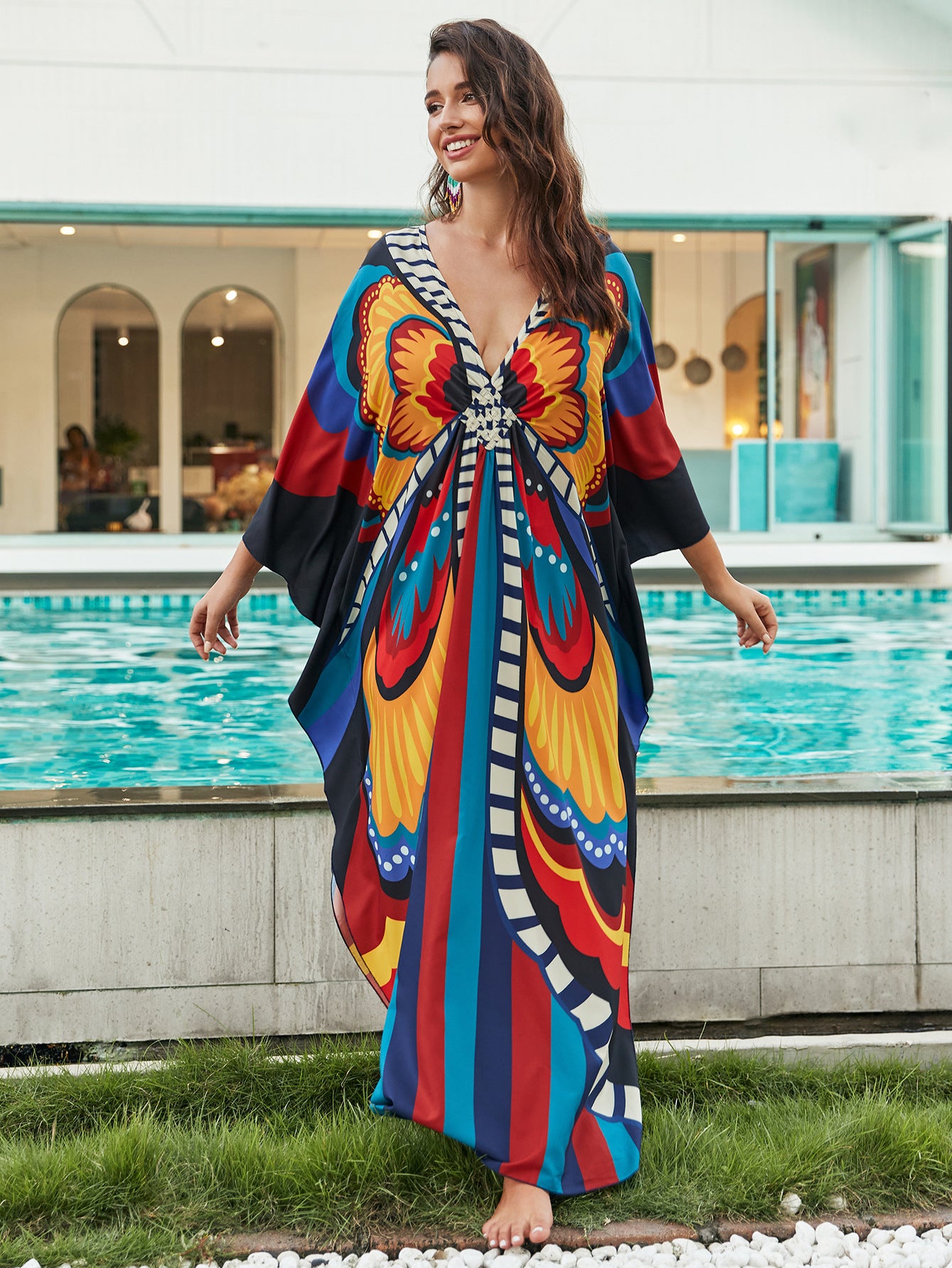 [Plus Size] Butterfly/feather Print Ruched Split Hem Tunic Dress, Valentine's Day Elegant Batwing Sleeve V Neck Long Dress for Summer, Casual Womenswear, Gift, Homecoming Dresses, Women's Clothes for Beach Holiday Vacation, Moo Moo Dresses