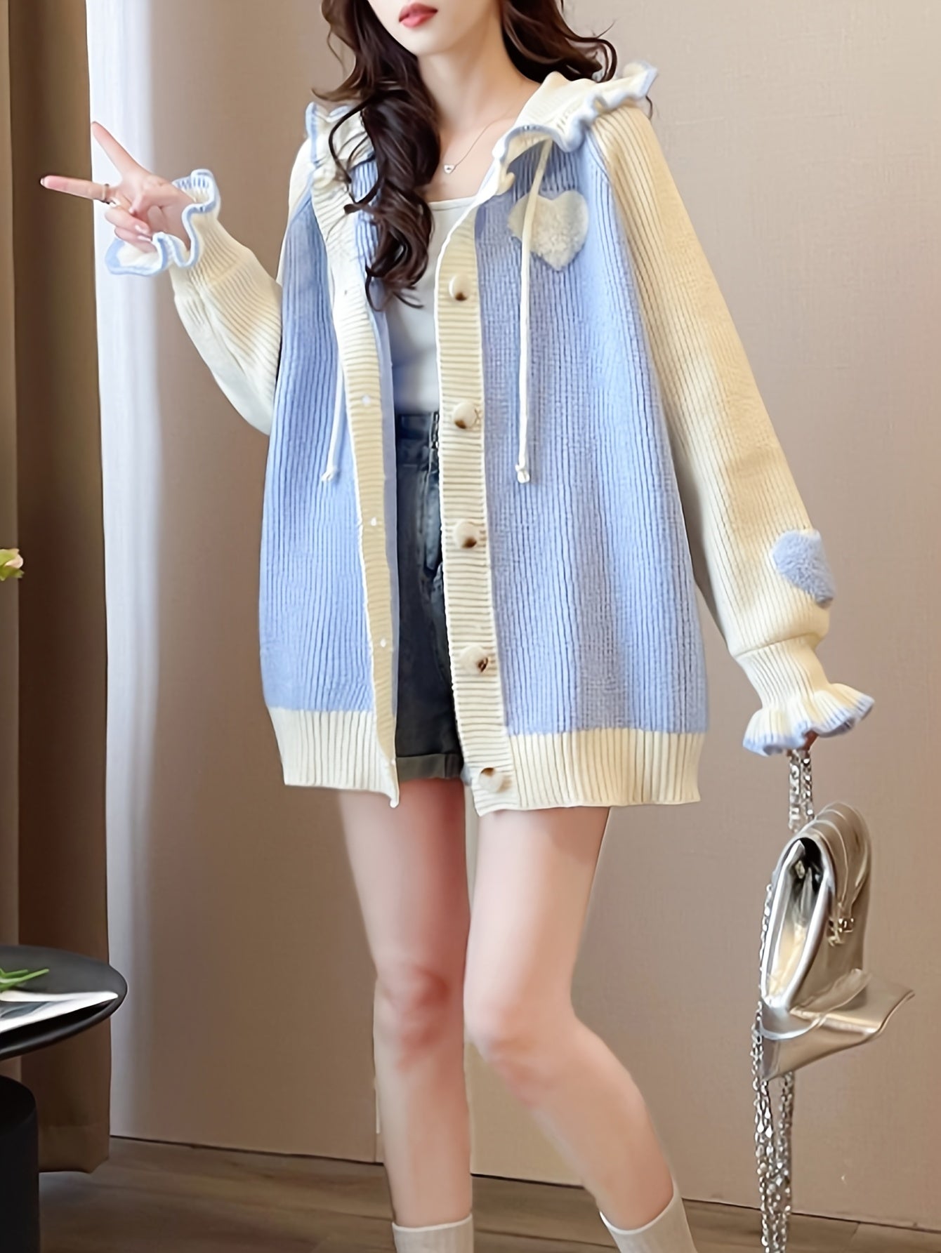 Heart Pattern Single Breasted Cardigan, Cute Color Block Drawstring Cardigan For Spring & Fall, Women's Clothing