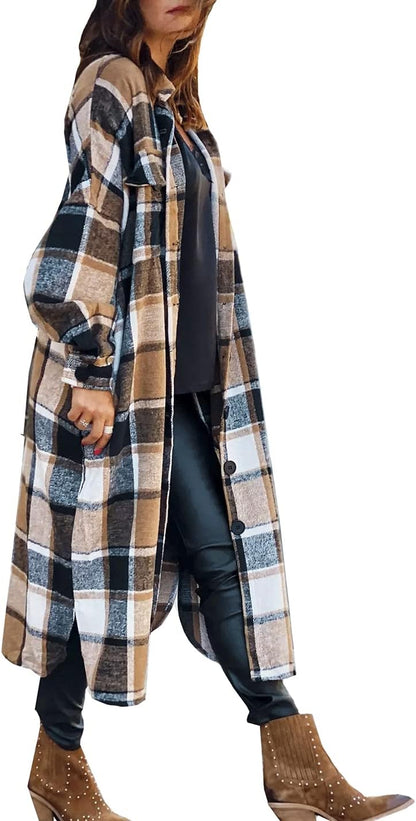 Women Fall Flannel Plaid Shacket Jacket Oversized Button Down Long Shirt Jacket