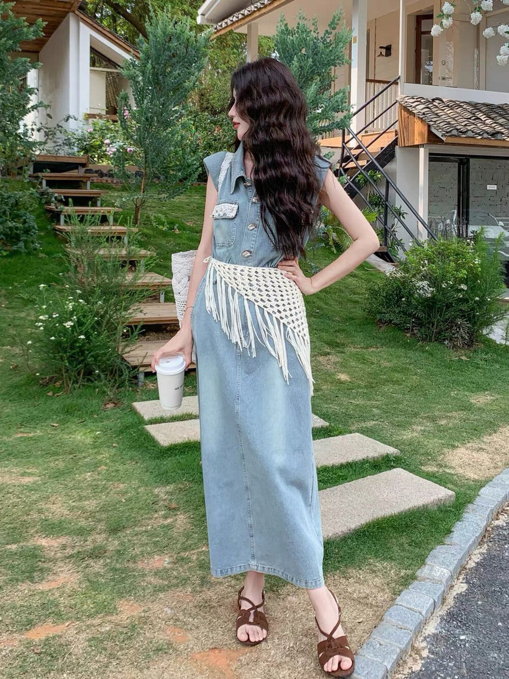 Women's Light Blue Washed Denim Sleeveless Lapel Collar Pearl Button Maxi Dress Lace Floral Chest Pockets Elastic Waist with Free Woven Tassel Waist Accessory S M L XL - Seldom Seen Styles