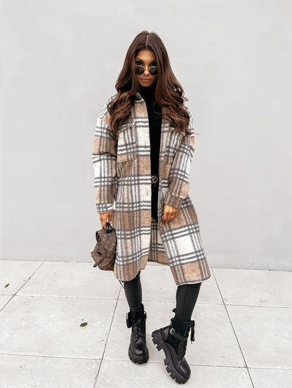 European and american hot2023ebay Amazon Winter New Women's Clothing Fashion Plaid Single-Breasted Coarse Wool Coat