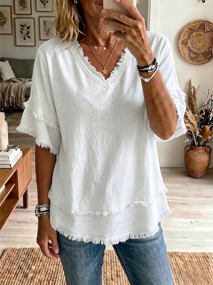 Women's Vintage Frayed V-Neck Linen Cotton Short Sleeve Top Casual Boho Summer Beach Vacation Outfit