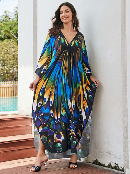 [Plus Size] Butterfly/feather Print Ruched Split Hem Tunic Dress, Valentine's Day Elegant Batwing Sleeve V Neck Long Dress for Summer, Casual Womenswear, Gift, Homecoming Dresses, Women's Clothes for Beach Holiday Vacation, Moo Moo Dresses