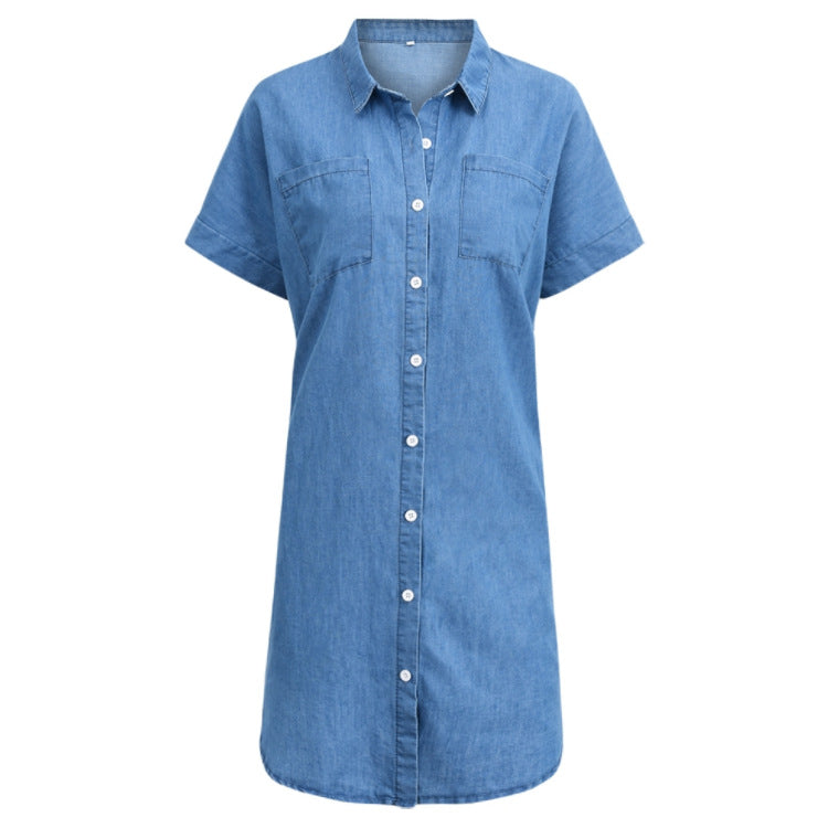 Women'S Casual Faux Denim Dress, Polyester Blend, V-Neck, Lapel Collar, Short Sleeve, Solid Color, Summer Knit Fabric, A-