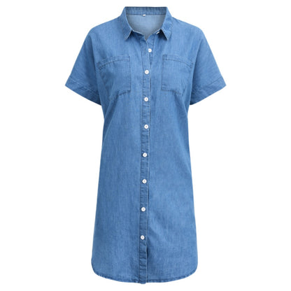 Women'S Casual Faux Denim Dress, Polyester Blend, V-Neck, Lapel Collar, Short Sleeve, Solid Color, Summer Knit Fabric, A-