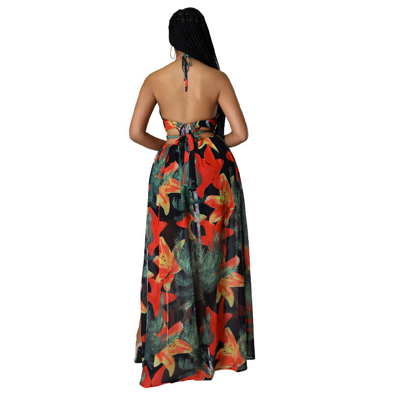 Women's Floral Print Halter Neckline Chain Decor Split Thigh Tie Back Dress, Fall Dress, Vacation Wear, Elegant Ring Linked Halter Backless Maxi Dress for Beach Holiday, Ladies Capri Sun Dress, Moo Moo Dresses - Seldom Seen Styles