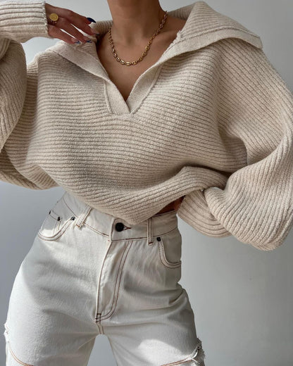 Fall/Winter Hot-Selling Lazy and Loose Lantern Sleeve Open Collar Pullover Women's Short Sweater