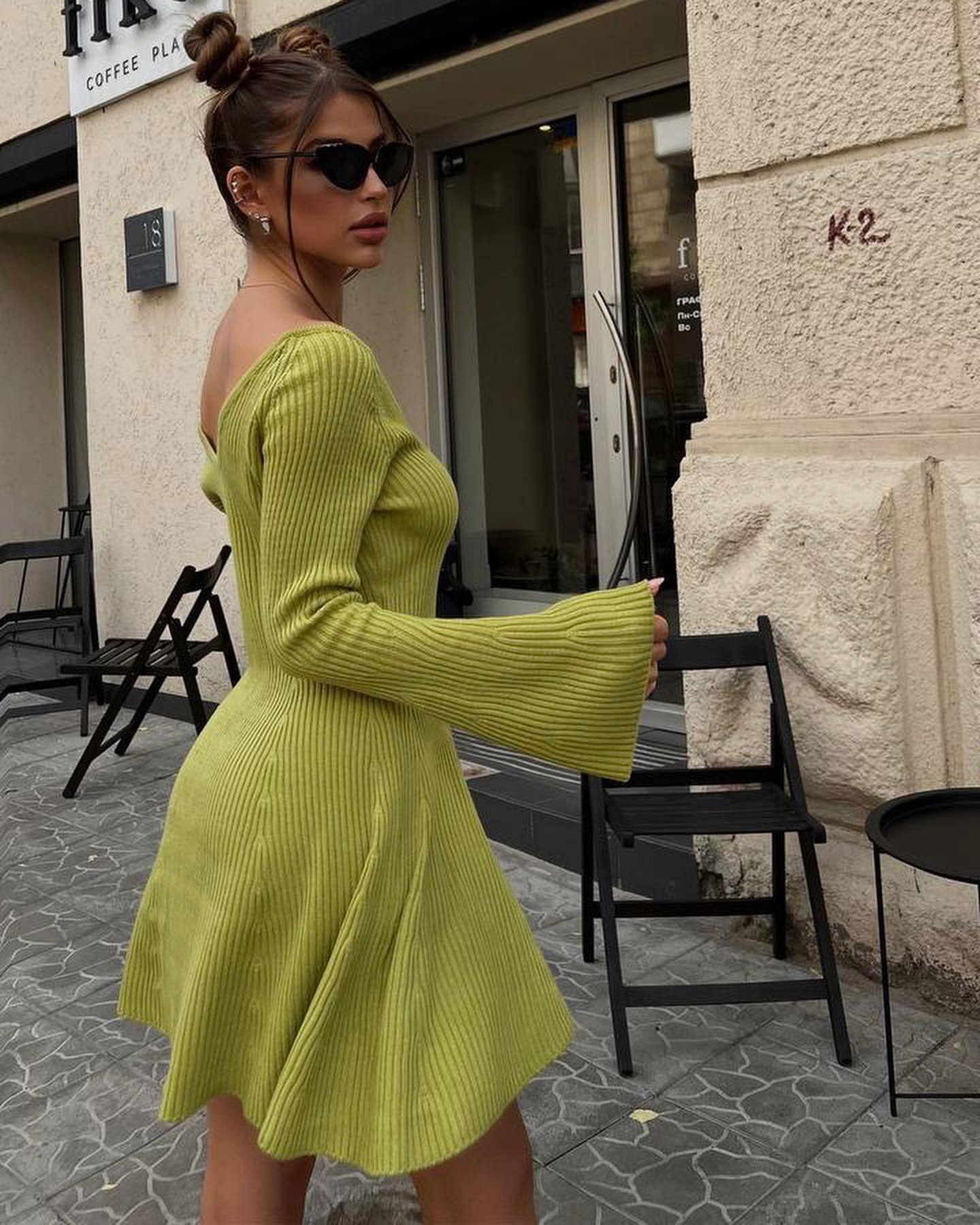 V-neck Long Sleeve Sexy Dress Short Skirt A- Line Skirt Strapless High Waist Autumn and Winter New European and American Knitted Dress