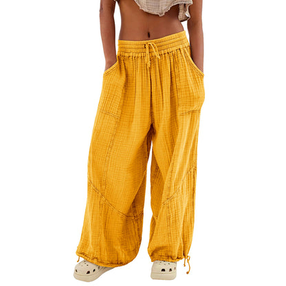 Damen Casual Loose Fit Weite Beinhose Baumwolle Hose Kordelzug Nähte Baggy Pants Hose mit Taschen