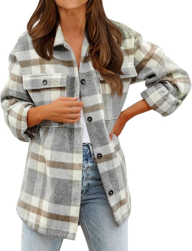 BTFBM Women Long Sleeve Button Down Jackets Plaid Flannel Shirts Tops Casual Lapel V Neck Oversized Shackets Blouses Top