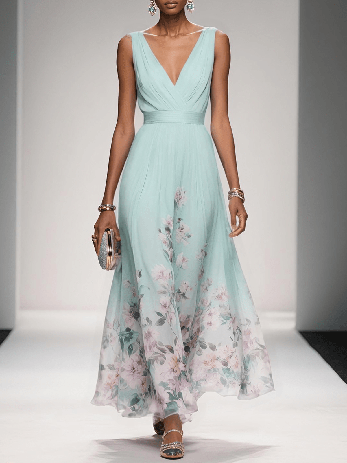 Nevaeh™ | Light Blue Floral Chiffon Maxi Dress - Seldom Seen Styles