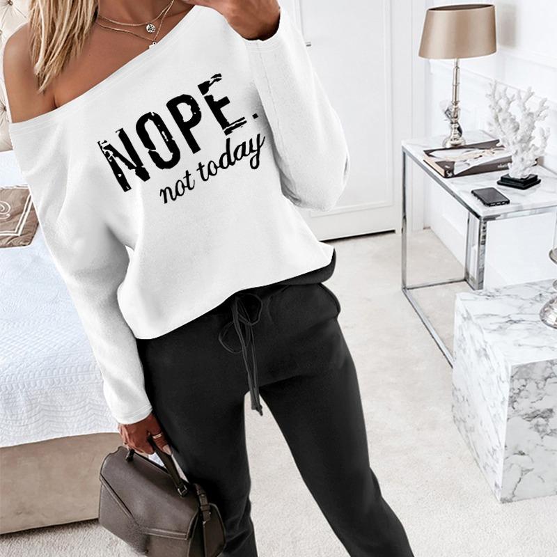 Women's 2 Piece Outfit Nope Not Today Print Skew Neck Long Sleeve Pullover Top with Stretchy Waist Long Pants Tracksuit Jogger Set - Seldom Seen Styles