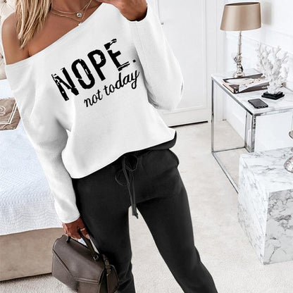 Women's 2 Piece Outfit Nope Not Today Print Skew Neck Long Sleeve Pullover Top with Stretchy Waist Long Pants Tracksuit Jogger Set