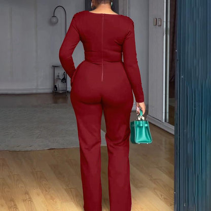 Cowl Neck Asymmetrical Patchwork Ruched Jumpsuit Casual Cinched Waist Zipper Back Straight Leg Jumpsuit