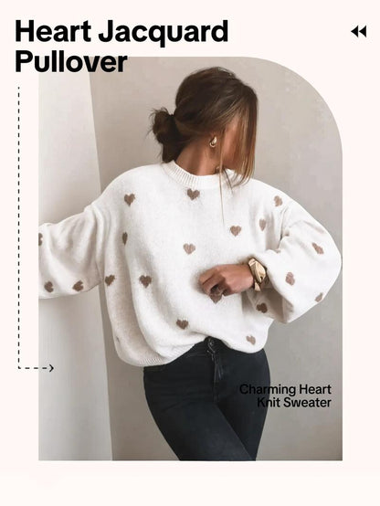 Women's All Over Heart Print Drop Shoulder Sweater, Casual Long Sleeve Round Neck Jumper for Fall & Winter, Fashion Ladies' Knitwear for Daily Wear