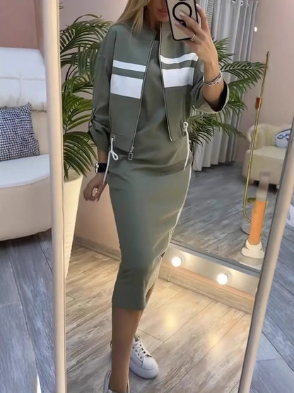 Olive Green Two Piece Skirt Set for Women – Casual Chic Midi Dress with Zip-Up Long Sleeve Jacket