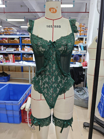 Women Sexy Lingerie Bodysuit Floral Lace Teddy Babydoll Snap Crotch Ruffle One Piece with Thigh Bands