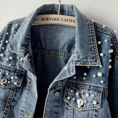 Women's Fashion Loose Embroidered Pearls Beading Cropped Denim Jacket Jean Coat