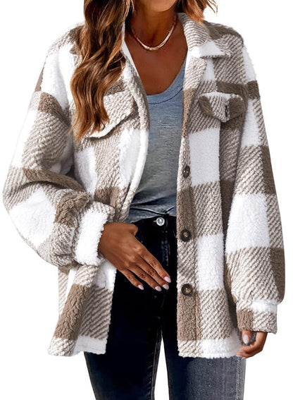 Plaid Pattern Button Front Jacket, Elegant Long Sleeve Warm Coat, Autumn and Winter, Women's Clothing