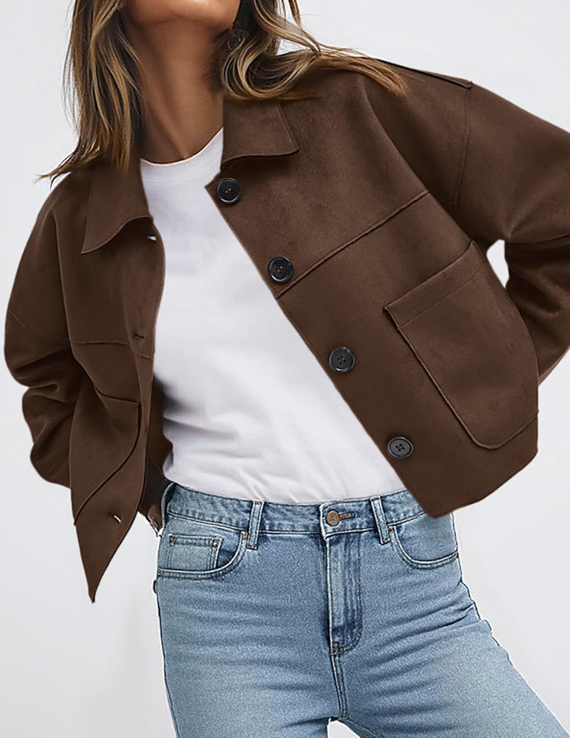 Women's Faux Suede Cropped Jacket Casual Lightweight Fall Fashion 2025 Winter Coats Outerwear Trendy Clothes - Seldom Seen Styles