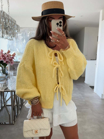 round Neck Tied Knitted Cardigan Jacket Autumn  Winter New Solid Color Commute Simple Sweater Women