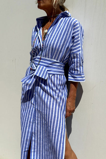 Faith Cotton Linen Feel Striped Shirt Dress Oversized Midi with Slit