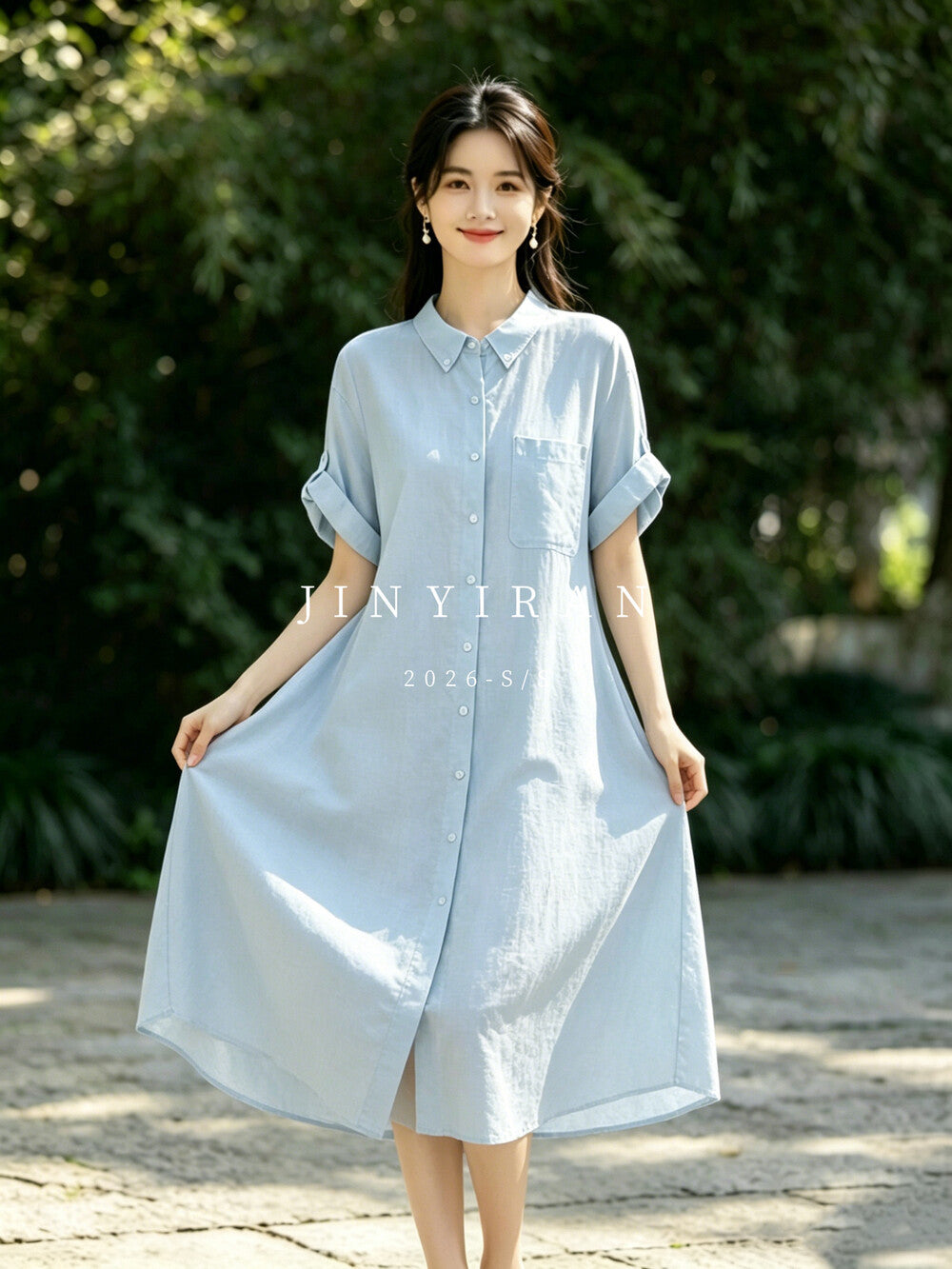 Light Blue Linen Short Sleeve Button Down Shirt Dress Collared Loose Fit Casual Midi Dress - Seldom Seen Styles