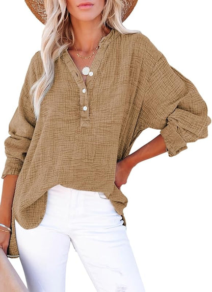 Womens Casual Button V Neck Long Sleeve Shirts Oversized Solid Blouses Tops