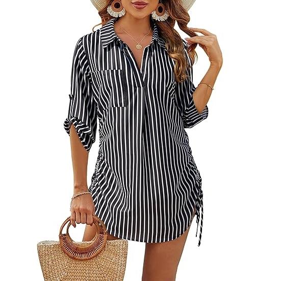 Womens Bathing Suit Cover Ups Bikini Swimsuit Coverup Drawstring Beach Dress Shirt - Seldom Seen Styles