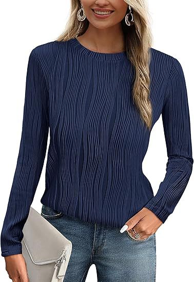 Women's Summer Fall Scalloped Lace Cuff Crewneck Tops Textured Shirts