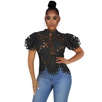 Women’s Sexy Ruffle Long Sleeve Summer Lace Tops 2024 Puff Flare Shirt V Neck Hollow Out Button Down Tunic Blouses