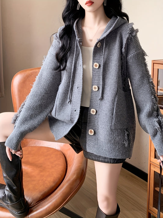 Raw Trim Button Front Cardigan, Casual Long Sleeve Dual Pockets Drawstring Hoodie Cardigan For Fall & Winter, Women's Clothing