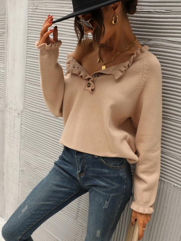 Women's Knit Pullover Sweater Tops - Casual Long Sleeve Button Down Crew Neck Ruffle Solid Color Striped - Knitwear, Womenswear - Seldom Seen Styles