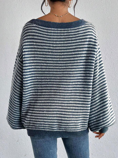 Women's Striped Drop Shoulder Sweater, Y2k Casual Bishop Sleeve Boat Neck Jumper Tops for Daily Outdoor Wear Back To School, Sweaters for Women, Ladies Knitwear for Fall, Fall Outfits, Fallfreshness, Preppy 80s Clothes
