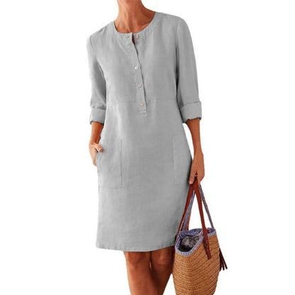 Spring New Popular plus Size Women's Clothing Cotton and Linen round-Neck Long-Sleeved Dress