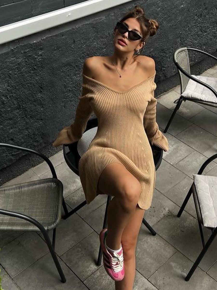 V-neck Long Sleeve Sexy Dress Short Skirt A- Line Skirt Strapless High Waist Autumn and Winter New European and American Knitted Dress