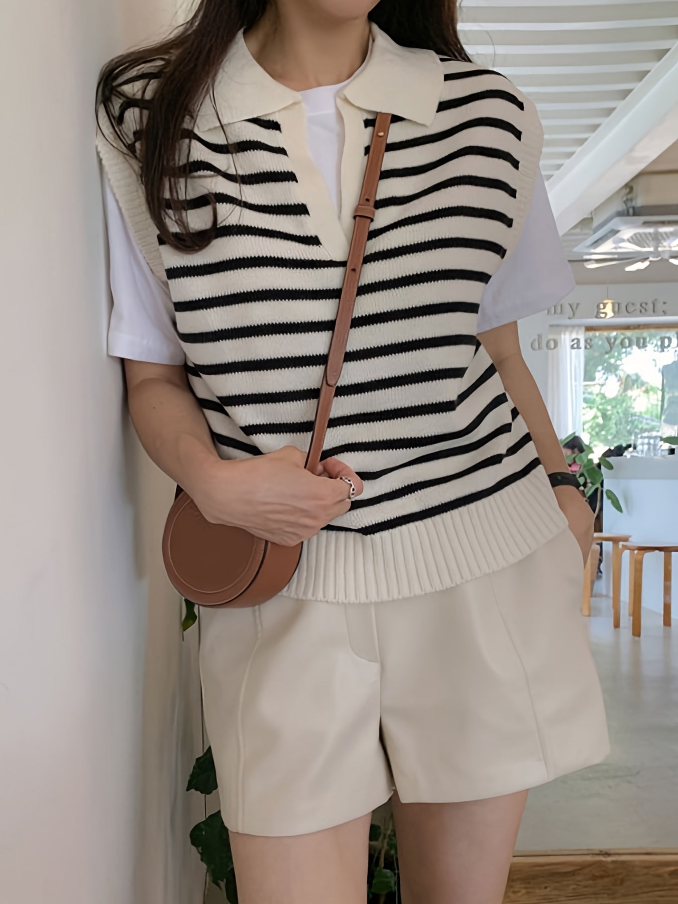 Women's Casual Striped Knit Vest with Lapel Collar - 100% Polyester Sleeveless Sweater for All Seasons