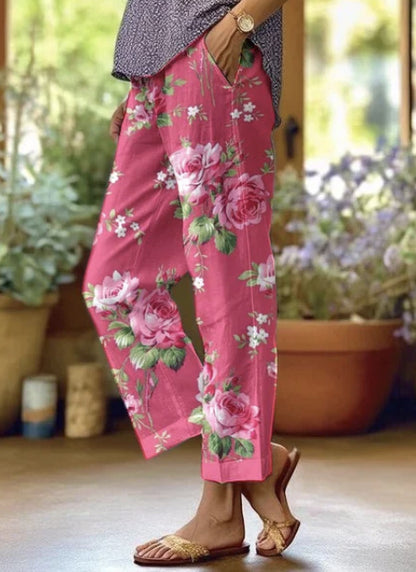 Leinenhose Damen Sommer Elastische Taille Gerades Bein Übergröße Crop Pants Lässige Strandhose mit Taschen