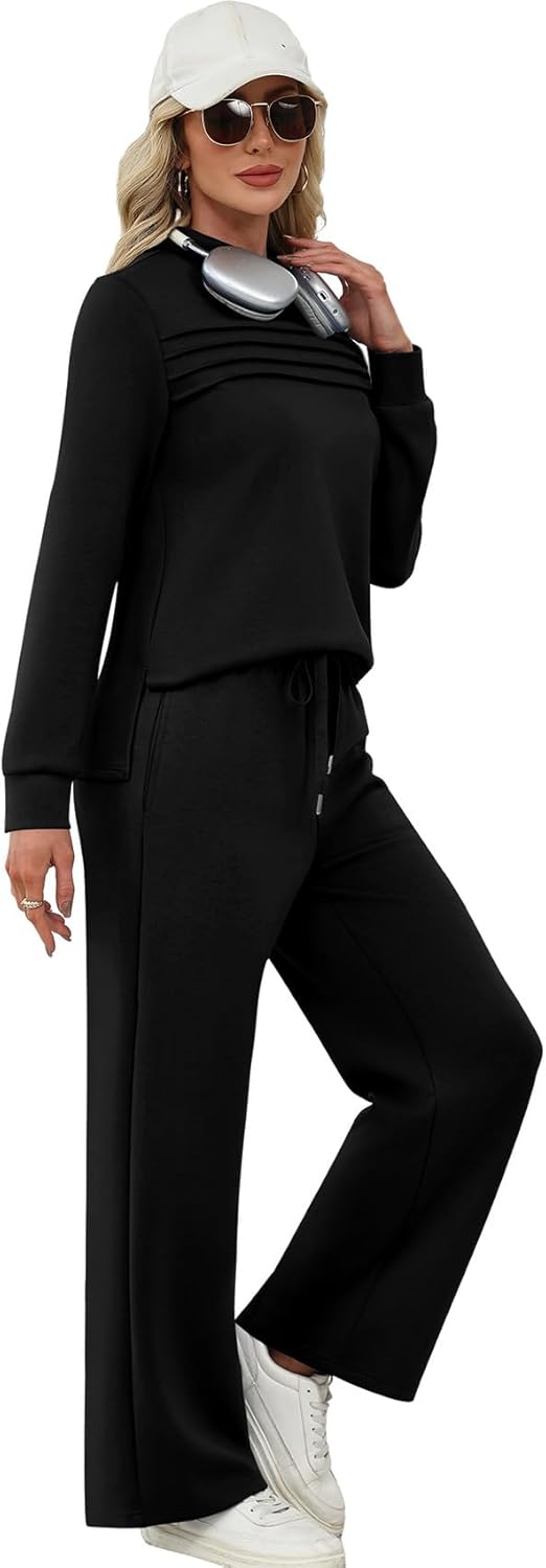 Two Piece Sets for Women Fall Travel Vacation Outfits Long Sleeve Lounge Sets Side Slit Wide Leg Pants S-3XL - Seldom Seen Styles