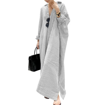 Chouyatou Women's Casual Long Sleeve Button Down Loose Striped Cotton Maxi Shirt Dress Grey Caftan Comfy Basic Batwing Sleeves Breathable Lightweight Beach Clothes Womenswear Bikini Elegant Fit tiktokshopspringglowup