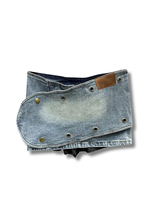Women's Asymmetrical Denim Mini Skirt Y2K Low Rise Button Detail Streetwear Skort - Seldom Seen Styles