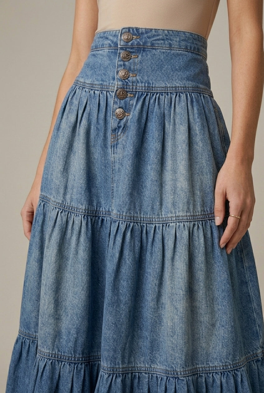 Women's Denim Maxi Skirt Tiered Button-Front