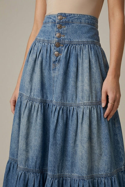 Women's Denim Maxi Skirt Tiered Button-Front